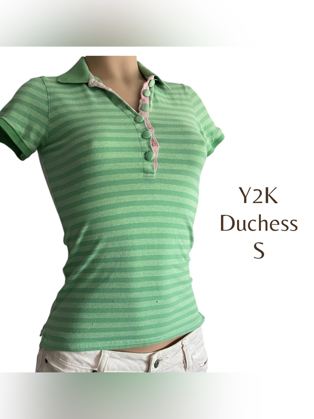 💥6/$35💥 Y2K Duchess Green Striped Polo Shirt Collared Top Size S Vintage